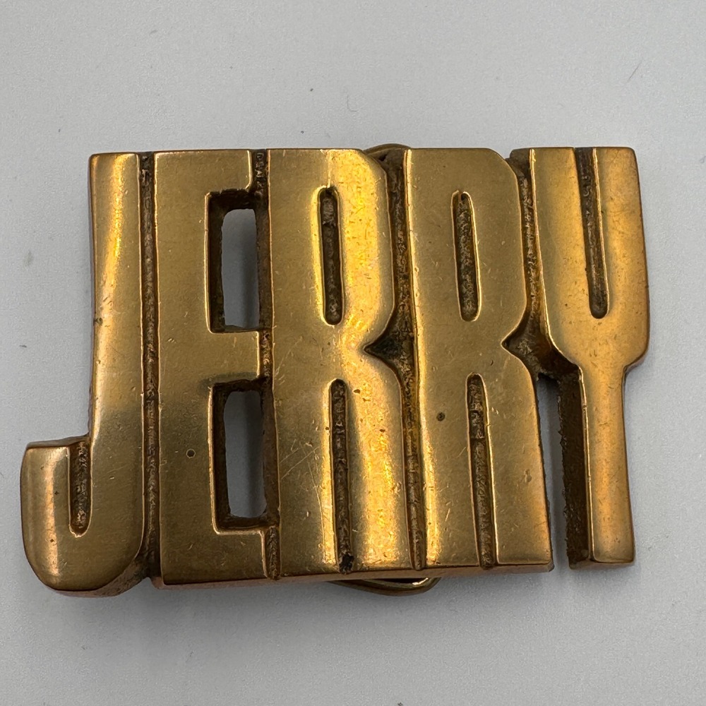 Vintage 1978 Baron Buckles Solid Brass Jerry Name Belt Buckle 8510 Gold Tone